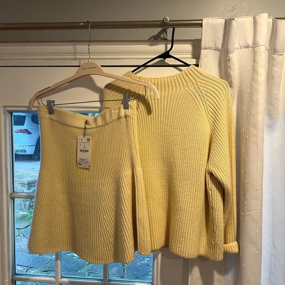 Zara Yellow Ribbed Knit Crewneck Sweater & Skirt Set